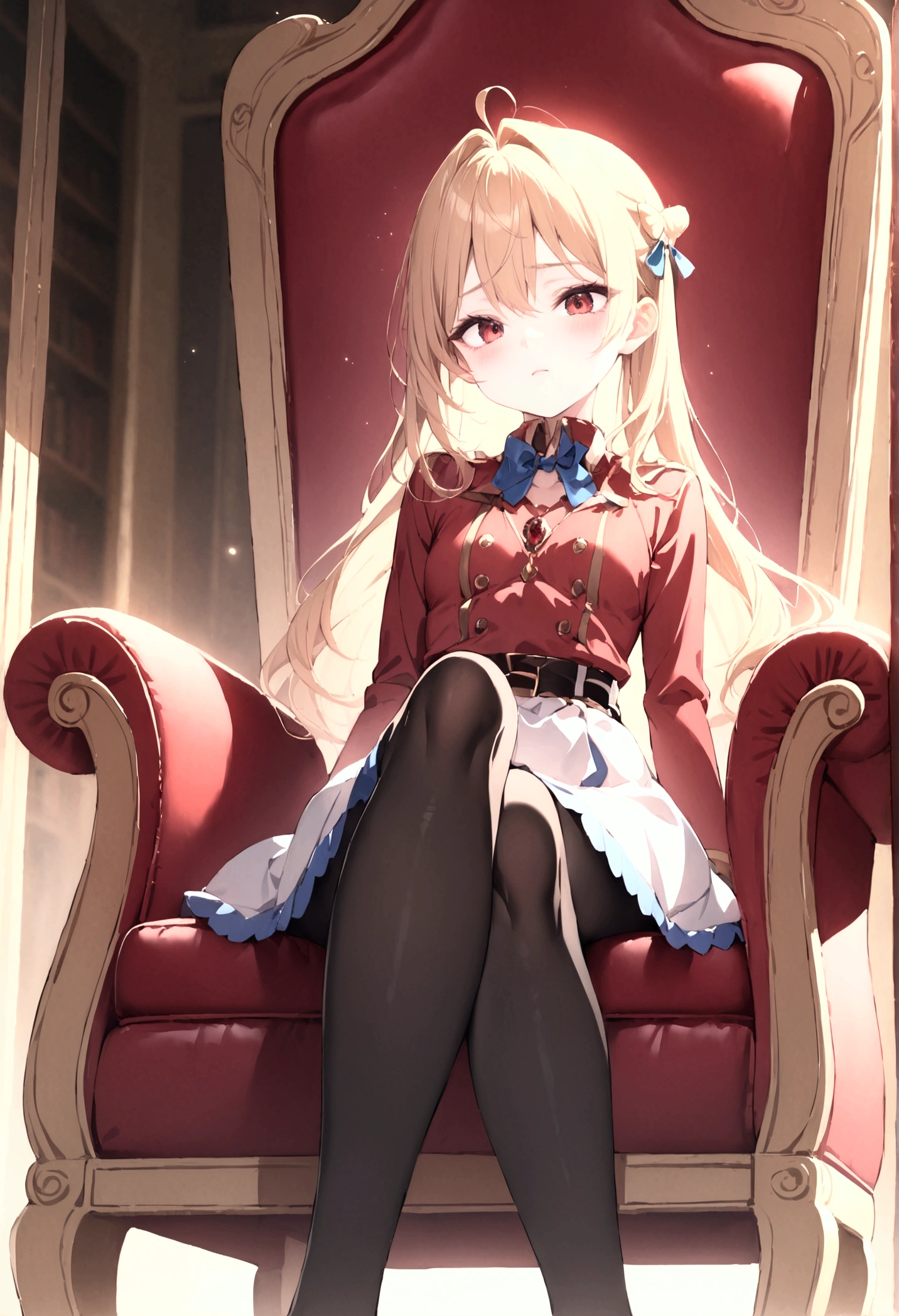  high image quality 、masterpiece、  High Quality   、Full HD、4K 、 long golden hair 、Tie your hair in a bun、 red eyes、 slim、 small breasts、blush、 red and gold uniform 、White Skirt、 blue ribbon on the chest、 Black Tights 、Sit on the king's chair 、腕を椅子に置く、 crosses legs、Show me your toes、 view from below