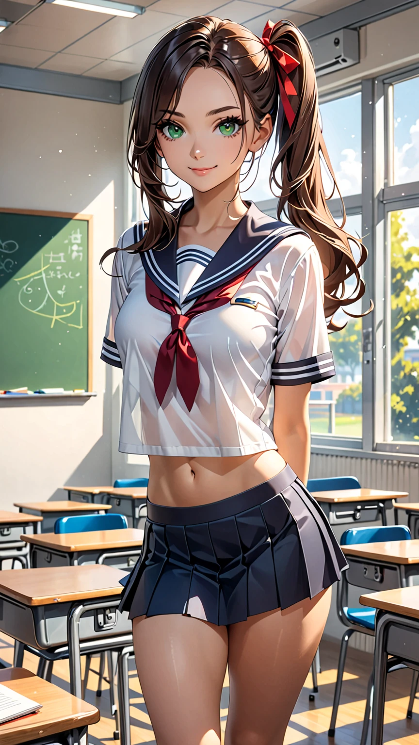 (Photorealistic, masutepiece, Best Quality, Raw photo:1.3)、1girl in, 18years old,Solo,school girl, Long hair, Brown hair, Detailed face, alluring face, Detailed beautiful eyes, medium breasts,(underboob:1.3),(coverd nipples:1.1),(loos sailer uniform :1.35), ( Perfect body skinny beauty: 1.4),( temptation Pose:1.3), (Looking at Viewer, front view,eyes focus:1.2), Detailed background, classroom,fine detailed, intricate detailes, Ray tracing, depth of fields, seductive smile,classroom