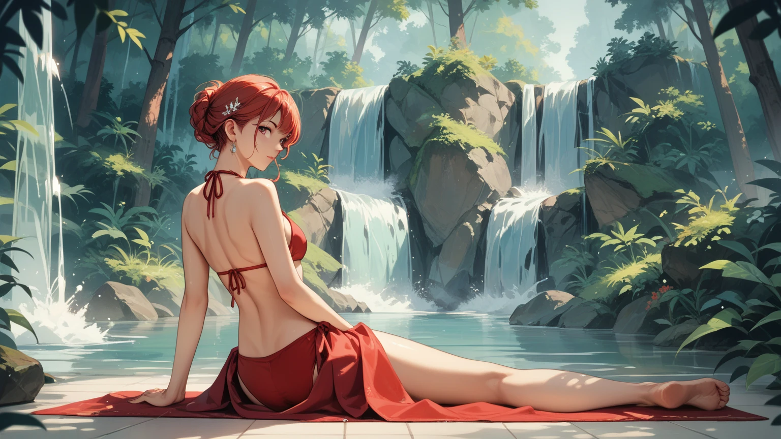 fantasy art, photorealistic, D&D art, a picture of a female monk sitting and meditating near a waterfall, at the base of the waterfall,  there is a human woman monk wearing monk garbs, meditating near a bonfire near an (epic sized waterfall: 1.3), red hair, long hair, full body (best details, Masterpiece, best quality :1.5), ultra detailed face (best details, Masterpiece, best quality :1.5), ultra feminine (best details, Masterpiece, best quality :1.5), exquisite beautiful (best details, Masterpiece, best quality :1.5) red hair, long hair, wavy hair, pale skin, blue eyes, intense eyes, water coming down from a volcanic cliff, multi level water falls, several pools created in different levels, forming new waterfalls, water cascading into a (large lava pool: 1.3) steam rising, clear water in many hues of blue and azure falling, ultra best realistic, best details, best quality, 16k, [ultra detailed], masterpiece, best quality, (extremely detailed), ultra wide shot, photorealism, depth of field, hyper realistic painting, magv1ll