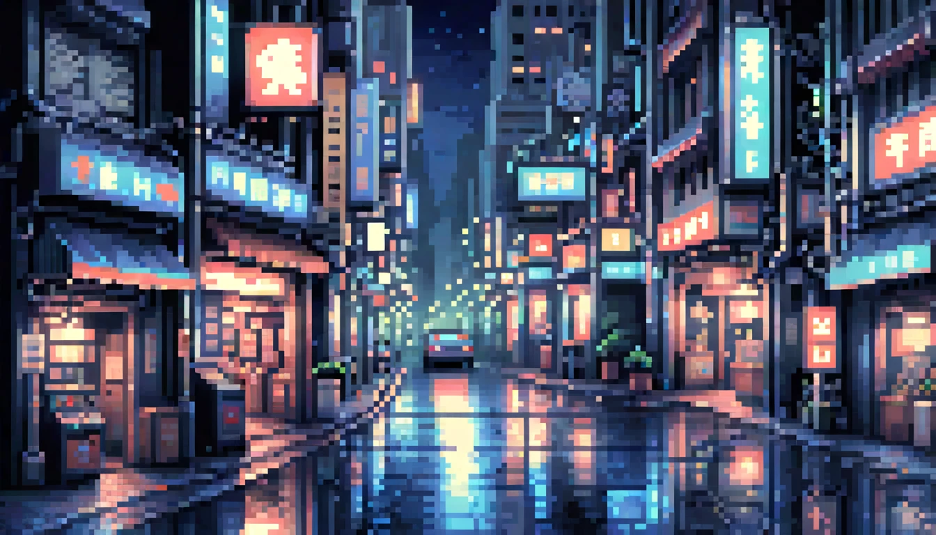  retro game , Head-up view,Orthogonal View ，Street View，城市Street View， night city street，Pixel Style，blue and black tone ，Vision，(masterpiece,  best quality, Perfect composition, super detailed, Intricate details, major,  official art , Representative works:1.3)