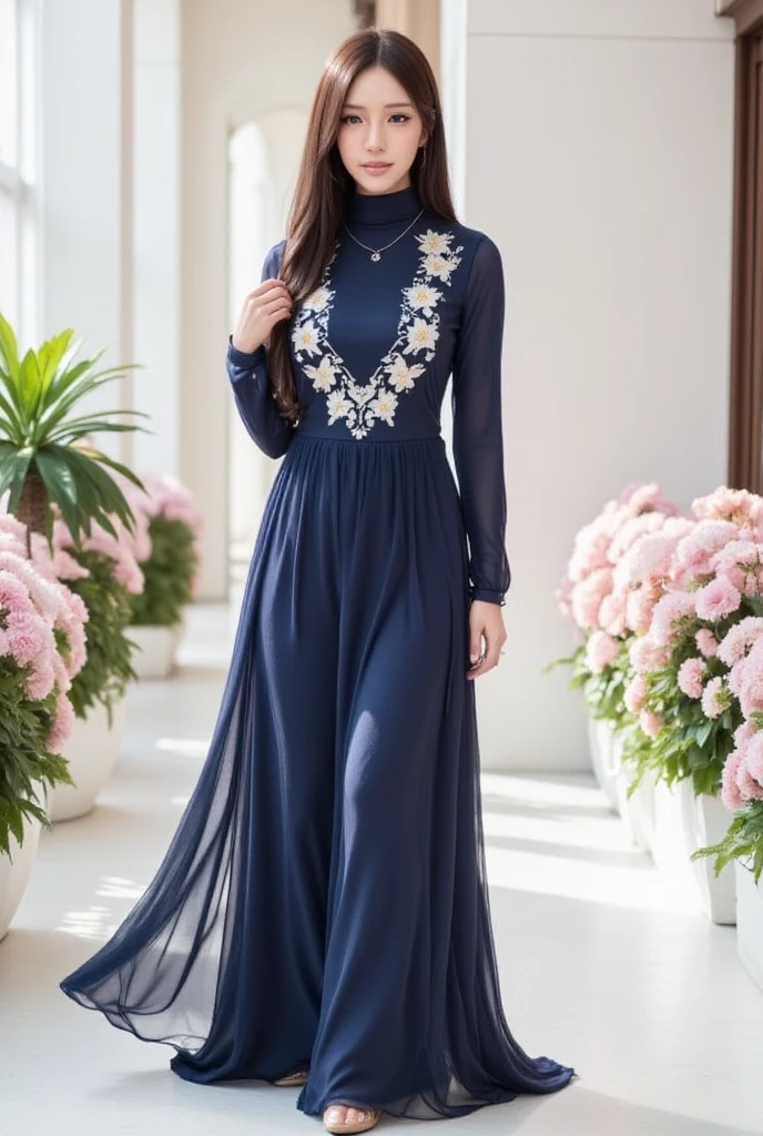 A high-fashion editorial photograph of an elegant woman wearing an navy blue baju kurung kebarung with intricate lace and floral embroidery, complemented by a matching long layered flowy hijab. She stands gracefully in a luxurious indoor setting with soft, natural light streaming through tall windows. The background features pastel pink and white flowers blooming symmetrically along a polished white-tiled pathway, creating a dreamy and romantic ambiance. Captured from a straight-on angle, the woman's serene expression and poised posture are highlighted, while the flow of her fabric adds subtle movement. The lighting creates a soft glow that enhances the details of her outfit and the overall ethereal atmosphere.