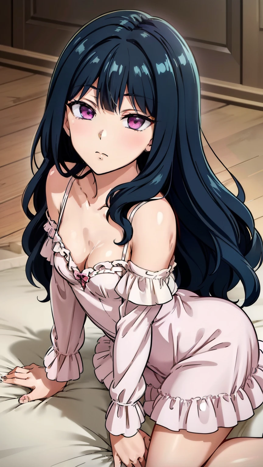 (masterpiece, best quality, high resolution, 8k:1.2), (anime coloring:1.2), nozaki yuu,anime, girl1people,(narrowed eyes, eyes half-closed, jitome), (rolling eyes:1.2), (Eye highlights:1.2), closed mouth, blue hair, very long hair, (wavy hair:1.2), purple eyes, beautiful eyes, highly detailed face, Detailed CG, expressionless, solo, (small breasts:1.2), (pink lullaby dress, off shoulder dress, frills), looking at the viewer, in the center of the image, sexy poses, dynamic angles,