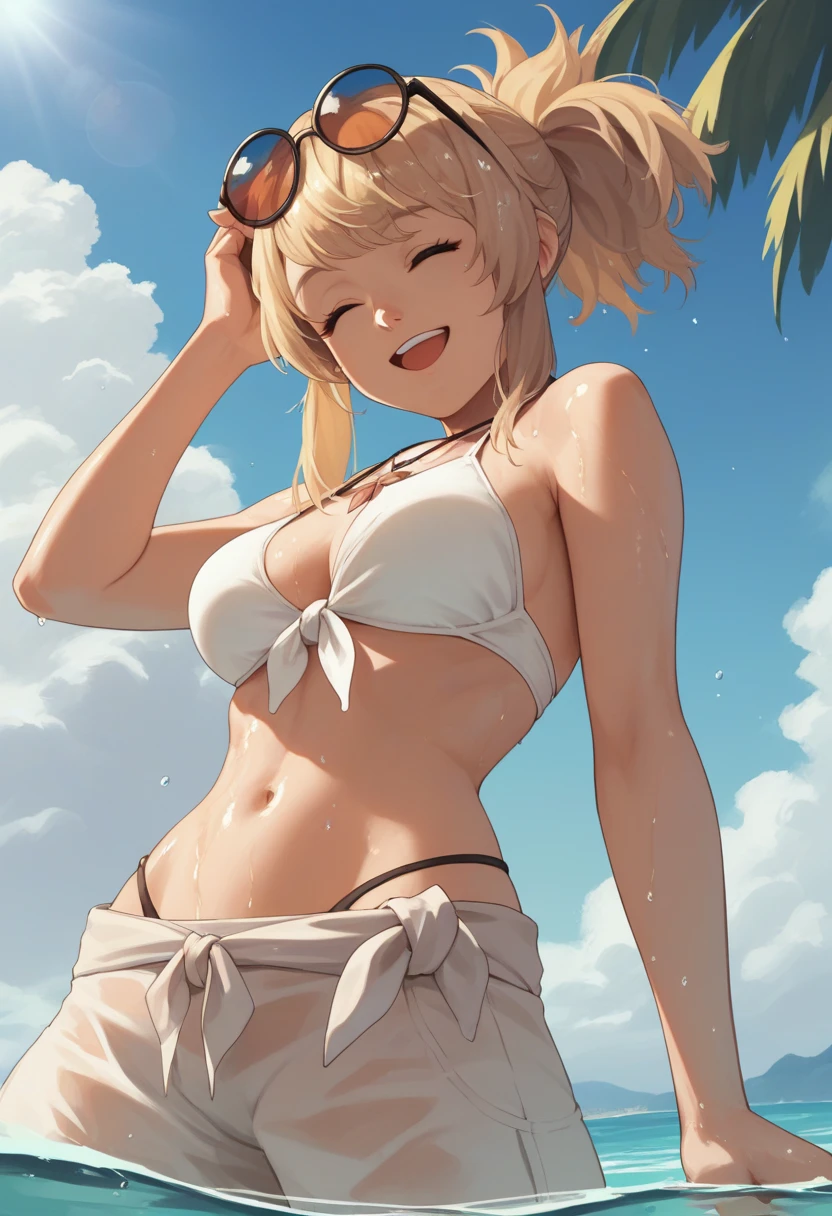 score_9, score_8_up, score_7_up, source_anime BREAK 1girl, solo, pnnnik, blonde hair, ponytail, bangs, necklace, white bikini, beach, partially submerged, sunlight, sunglasses, eyewear on head, round eyewear, smile, open mouth, closed eyes, head tilt, blue sky, breasts, navel, wet, shiny skin, shiny clothes, standing, adjusting hair