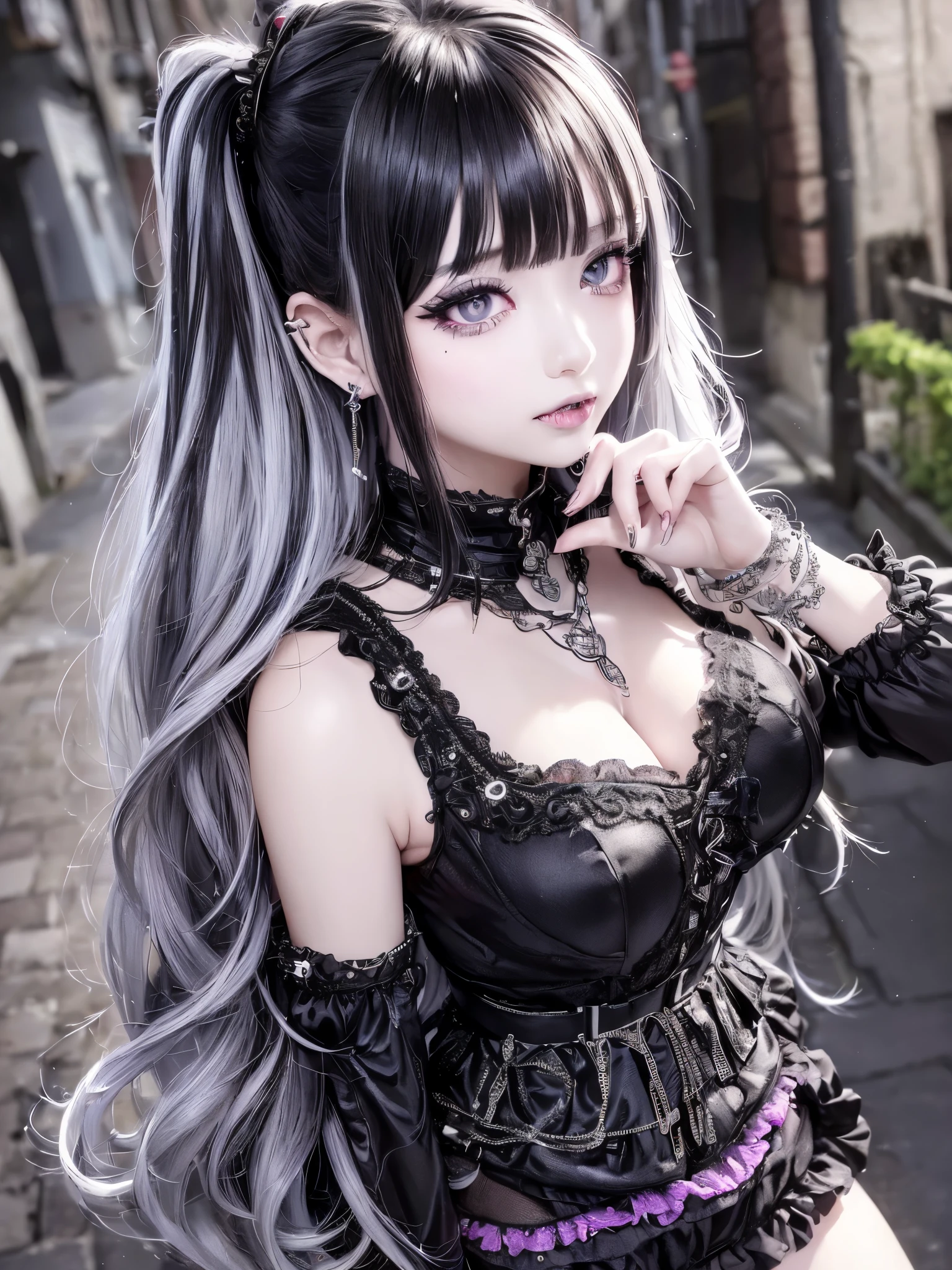 sexy stylish Japanese model, only 1 female, long Blonde hair with Red roots and Black tips. ((shiny Punk-Style boots)), smile, Punk makeup, lip gloss, ((sexy Punk Lolita cosplay)), unconventional skirt, petticoats, high neckline, ((ultra detailed lace)), ((ultra detailed embroidery)), intricate details, tartan patterns, ((silver chains)), ((silver spikes)), ((safety pins)), Punk Lolita Punk Lolita choker, ((large sparkling Punk Lolita, cinematic light, detailed large park background with trees
