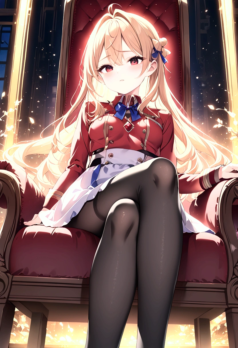  high image quality 、masterpiece、  High Quality   、Full HD、4K 、 long golden hair 、Tie your hair in a bun、 red eyes、 slim、 small breasts、blush、 red and gold uniform 、White Skirt、 blue ribbon on the chest、 Black Tights 、Sit on the king's chair 、腕を椅子に置く、 crosses legs、Show me your toes、 view from below