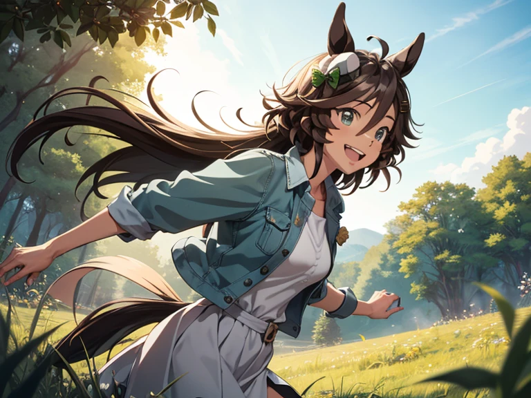 best quality, absurdres, masterpiece, 
Mr.CB \(umamusume)\
1人の女の子, female, delightful, cheerful, laughing, running at full speed, looking to the left, long hair, center part, brown hair, green eyes, slant eyes, tall, slender, beautiful breasts, 30-year-old, in the grassland, in the afternoon, beautiful, upper body, front view, ground-level shot, dutch angle shot, sunbeam, midday