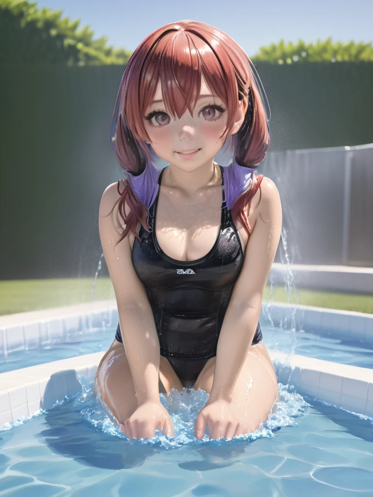 mejiro mcqueen \(umamusume\),mcqueen,  旧スク:1.35, sitting, squatting, leg_spread, very wet swimsuit:1.31, wet hair, naughty smile, blush, in heat, steam, poolside, masterpiece, best quality, ultra detailed, anime illustration, ideal anatomy, looking at viewer, squirting