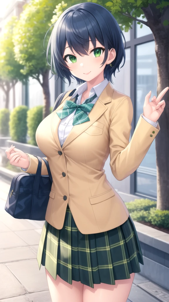 masterpiece, best quality, high quality, girl, solo, looking at viewer, touya_mochizuki, black hair, blue hair, large breasts, school uniform, green bowtie, blazer, yellow jacket, long sleeves, plaid skirt, green skirt, standing, cowboy shot, outdoors, smile,