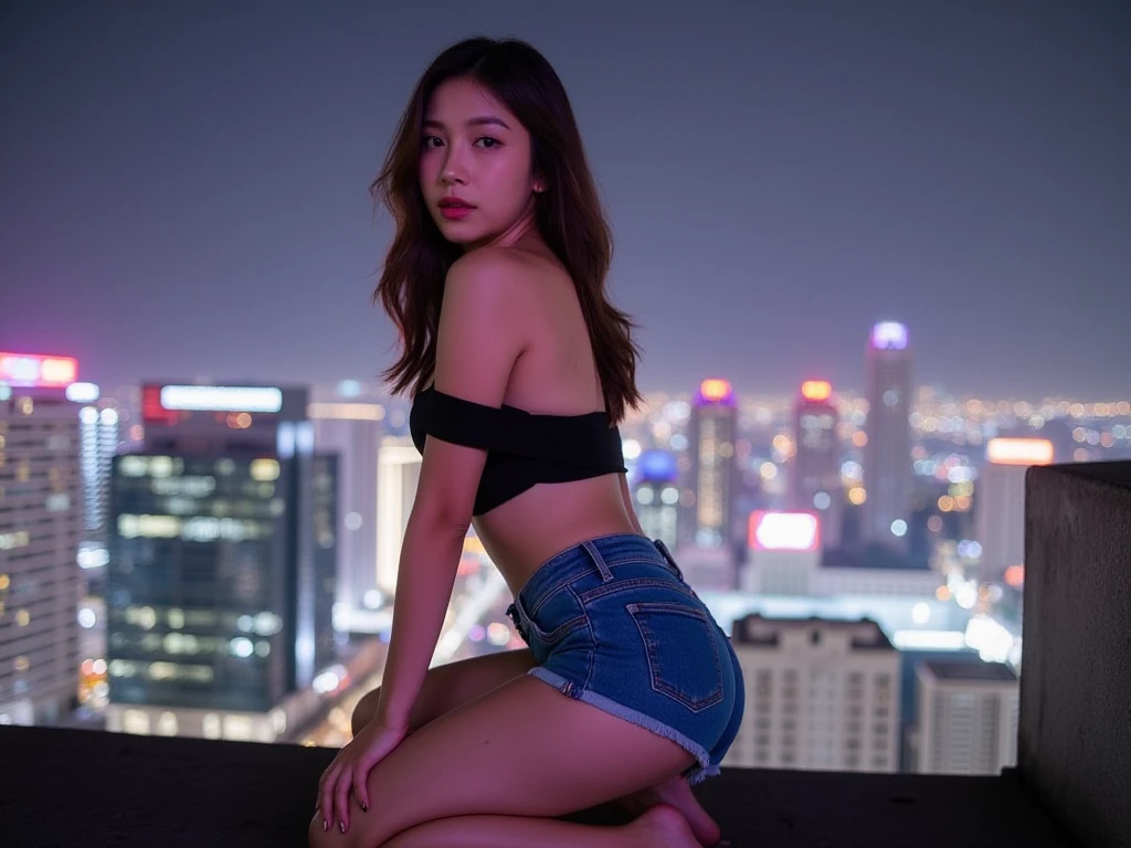 Create 4K Photo In a bustling urban setting, A young Asian woman 18 Year old ,Perect Chest and big Breasts  Side-facing kneeling position on the rooftop of a high-rise building,She wears a sultry off-the-shoulder strapless top and blue slimfit denim shorts, The city's neon lights flicker in the background, the crimson night sky matches the nocturnal atmosphere, and the bright artificial lights create a clear contrast to her face. The strobe technique helps capture her lively pose and playful expression, making her a bright focal point amidst the buildings.