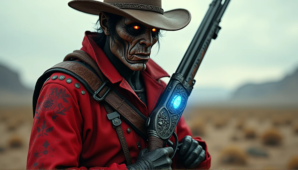 arafed man in a hat and jacket holding a camera, western steampunk cyborg, still frame from a movie, madmax, by artist, sin city, full body robot with human mask, standing in wasteland, character close-up, skull face, syndicate(2012), desert game, second life avatar, post-apocalyptic