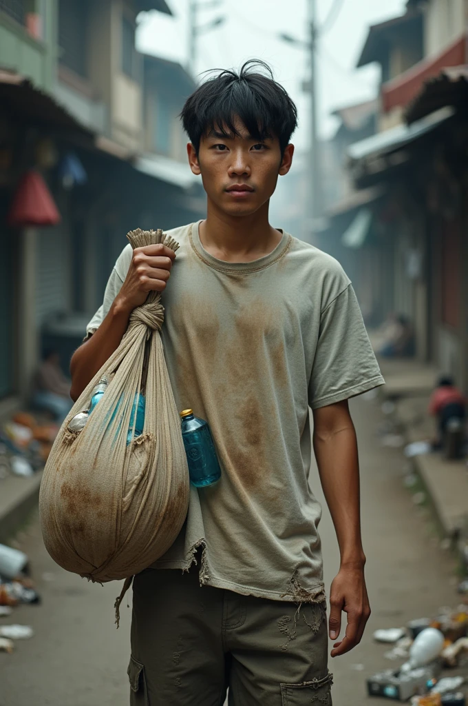 original photo. a 6 year old boy with an Indonesian face. wearing a slightly loose white t-shirt. black shorts. barefoot. holding an empty jerry can. and a piece of money. Walking in the village, there are many houses whose eyes look up as if they are thinking about something. confusion. photorealistic, 16k.