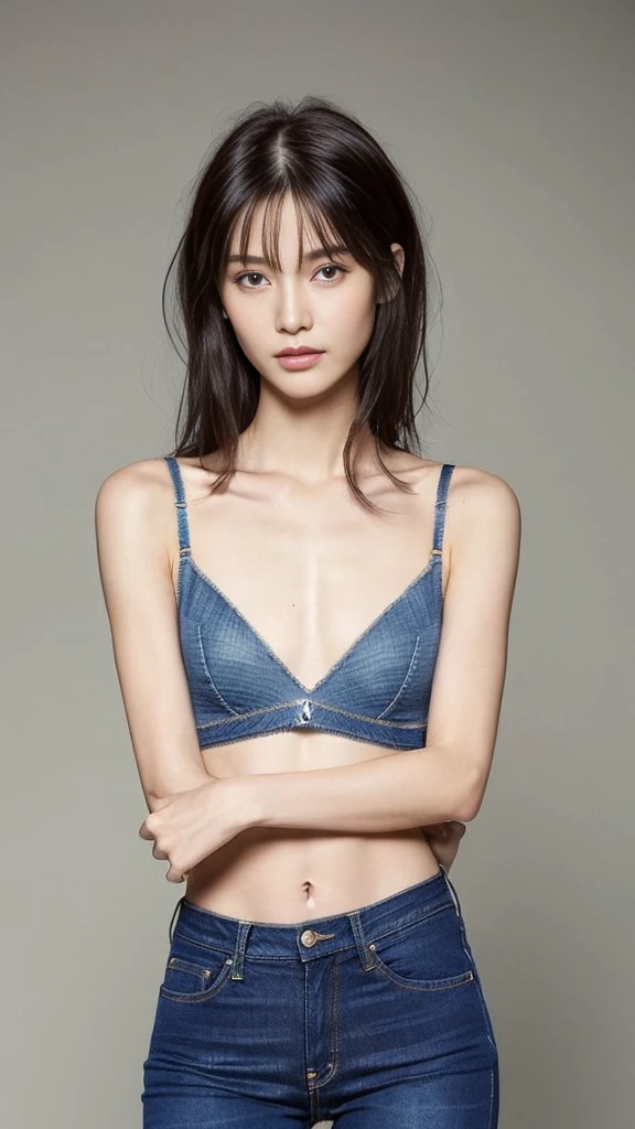 ((top-quality、8K、​masterpiece: 1.erfect Body Beauty: 1.4、Slender Abs: 1.2、Beautiful woman with slender abs:1.3、(Highlight Haircutreast B Cup:1.2), medium breast, round shape breast, perfect shape breast, () necklace, hyperdetailed face、18year old、 Pretty women、(Dark brown short-cut hair), Slim Face、Highly detailed facial and skin texture、very detailed lips、opens legs、top-quality、​masterpiece、超A high resolution、(Photorealsitic:1.4),((wearing shirt and low-rise jean )), ((sport bra , black panties)), As she confidently posing for camera, , studio light, gray background, full body