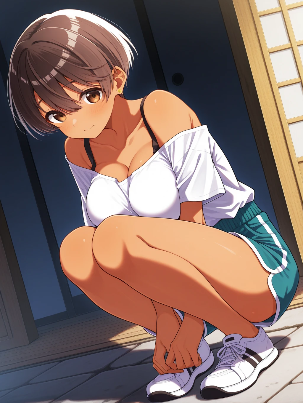 toono mizuki, dark-skinned female, brown eyes, earrings、 1 girl, Alone,      shorts, masterpiece,  top quality ,Big Breasts　Shota　彼女がVRゴーグル🥽で体を動かす　老けたShota 　down　　dutch angle,　shoulder　off、full body,