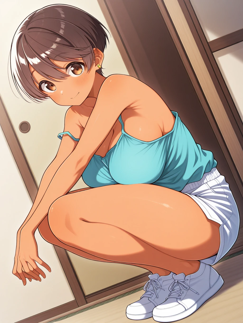 toono mizuki, dark-skinned female, brown eyes, earrings、 1 girl, Alone,      shorts, masterpiece,  top quality ,Big Breasts　Shota　彼女がVRゴーグル🥽で体を動かす　老けたShota 　down　　dutch angle,　shoulder　off、full body,