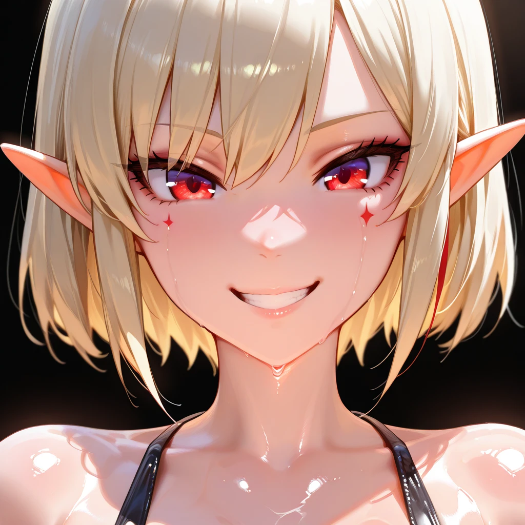 ultra-detailed, full-length, 1girl:1.4, solo, elf, elf ears, (beautiful face), beautiful eyes, portrait:1.43, (focusing on face), detailed eyes, (Ideal body proportions), ((Composition from head to thigh)), black bikini suit, Drenched shortcut blond hair, (scarlet clear red eyes, tsurime), The erection, Carmelto, Sexy body, grin smile, short-hair, blond hair with burgundy tips of hair, burgundy ends of hair, shiny skin, oiled skin, slenderness, Small buttocks, Beautiful legs, Skinny Legs, One-person viewpoint, masterpiece, ((Anatomically correct)), (portrait:1.4), (((close-up))), (focusing on eyes)