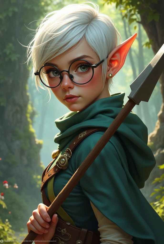 A girl wearing a glasses, half elf, hold a spear, short white hair ...