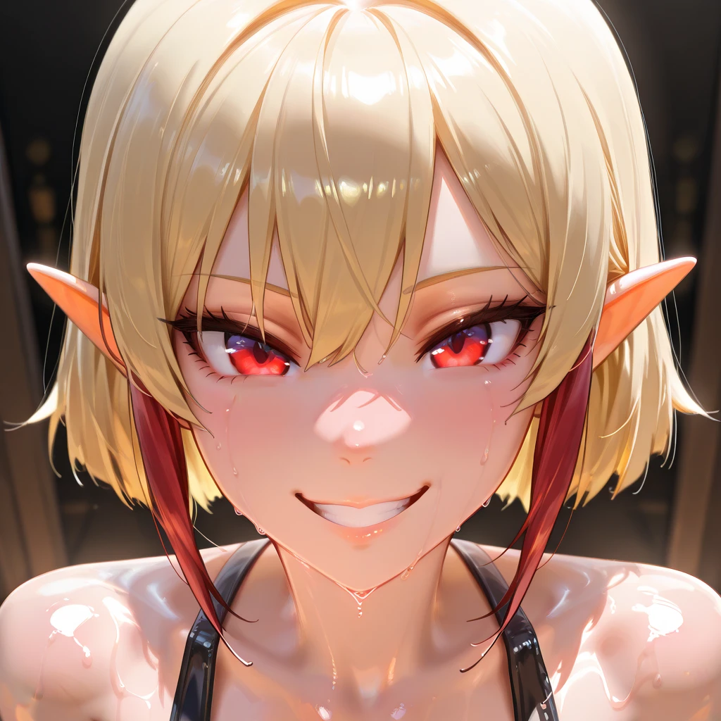 ultra-detailed, full-length, 1girl:1.4, solo, elf, elf ears, (beautiful face), beautiful eyes, portrait:1.43, (focusing on face), detailed eyes, (Ideal body proportions), ((Composition from head to thigh)), black bikini suit, Drenched shortcut blond hair, (scarlet clear red eyes, tsurime), The erection, Carmelto, Sexy body, grin smile, short-hair, blond hair with burgundy tips of hair, burgundy ends of hair, shiny skin, oiled skin, slenderness, Small buttocks, Beautiful legs, Skinny Legs, One-person viewpoint, masterpiece, ((Anatomically correct)), (portrait:1.4), (((close-up))), (focusing on eyes)