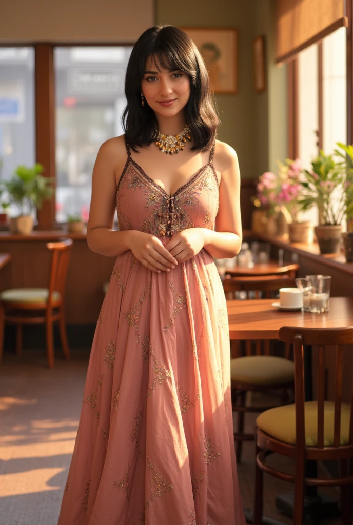 beautiful detailed photograph, wearing a dress, standing in cafe looking at the viewer, smiling