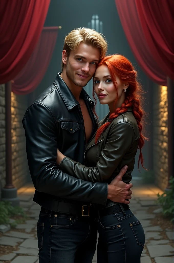 1 woman and 1 man, inside a house, the woman wears an elegant red dress she has beautiful light green eyes, clear detailed skin, light pink hair, strong expression/the man is wearing dark blue clothes, detailed facial features, beautiful red eyes, detailed light skin, medium length black hair, strong expression, dramatic lighting, cinematic composition, cool color palette, atmospheric fog, (best quality, 4K, 8K, high resolution, art: 1.2), ultra-detailed, (realistic, photorealistic, photorealistic: 1.37)