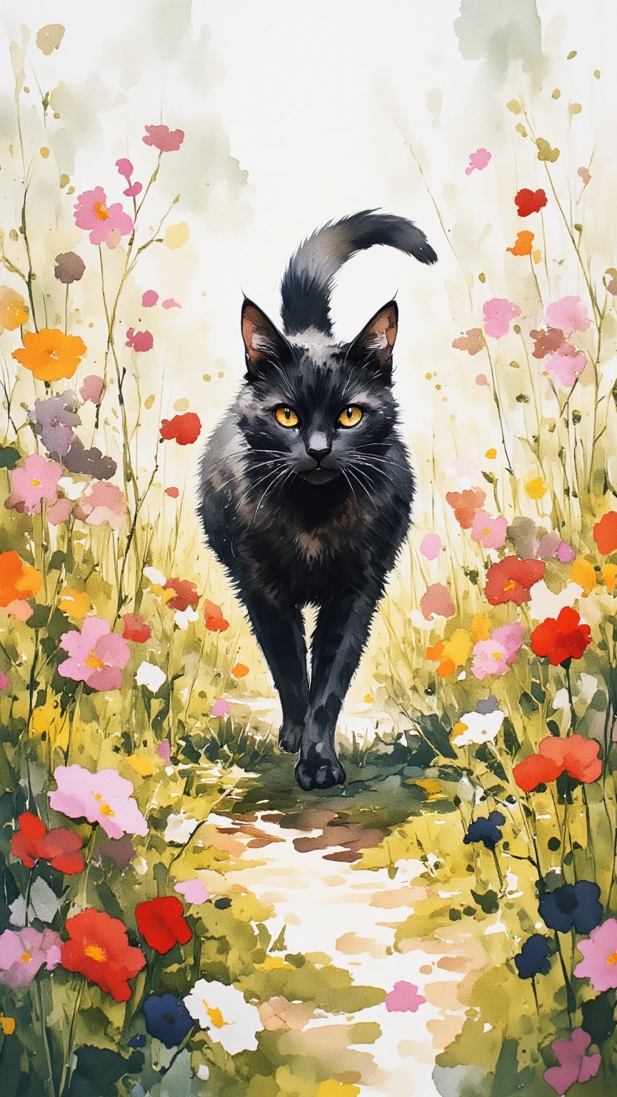 painting of a  calico walking through a field of flowers, Watercolor painting depicting a calico walking through a field of flowers,Tumbler,   conceptual art  , Rory Greasley, Most beautiful view , Big Perspective,  just a joke , visually stunning scene,   black cat, Amazing background