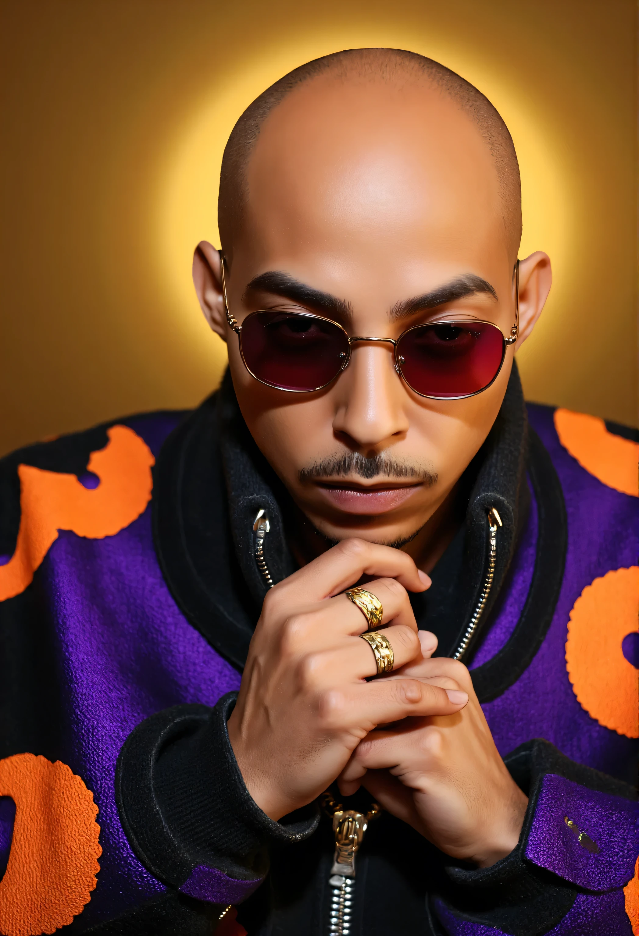A Photorealistic far shot Image of Nztykle IG_MODEL Male Bald Man wearing A zkvxf Diamind chain Character Medallion, wearing a orange and purple and gold ral-fluff Gucci x LOUIS VATTON Luxury Designer and Versace Sun Glasses Dynamic Pose::7.2 (RAW 8k photo) ((best quality)), ((masterpiece)), (realistic, photo-realistic:1.37), DSLR photo, DLSR, Real photo, , (highly detailed skin:1.2), serious expression, neutral expression, natural lighting, (latex:1.4), shiny, glossy
