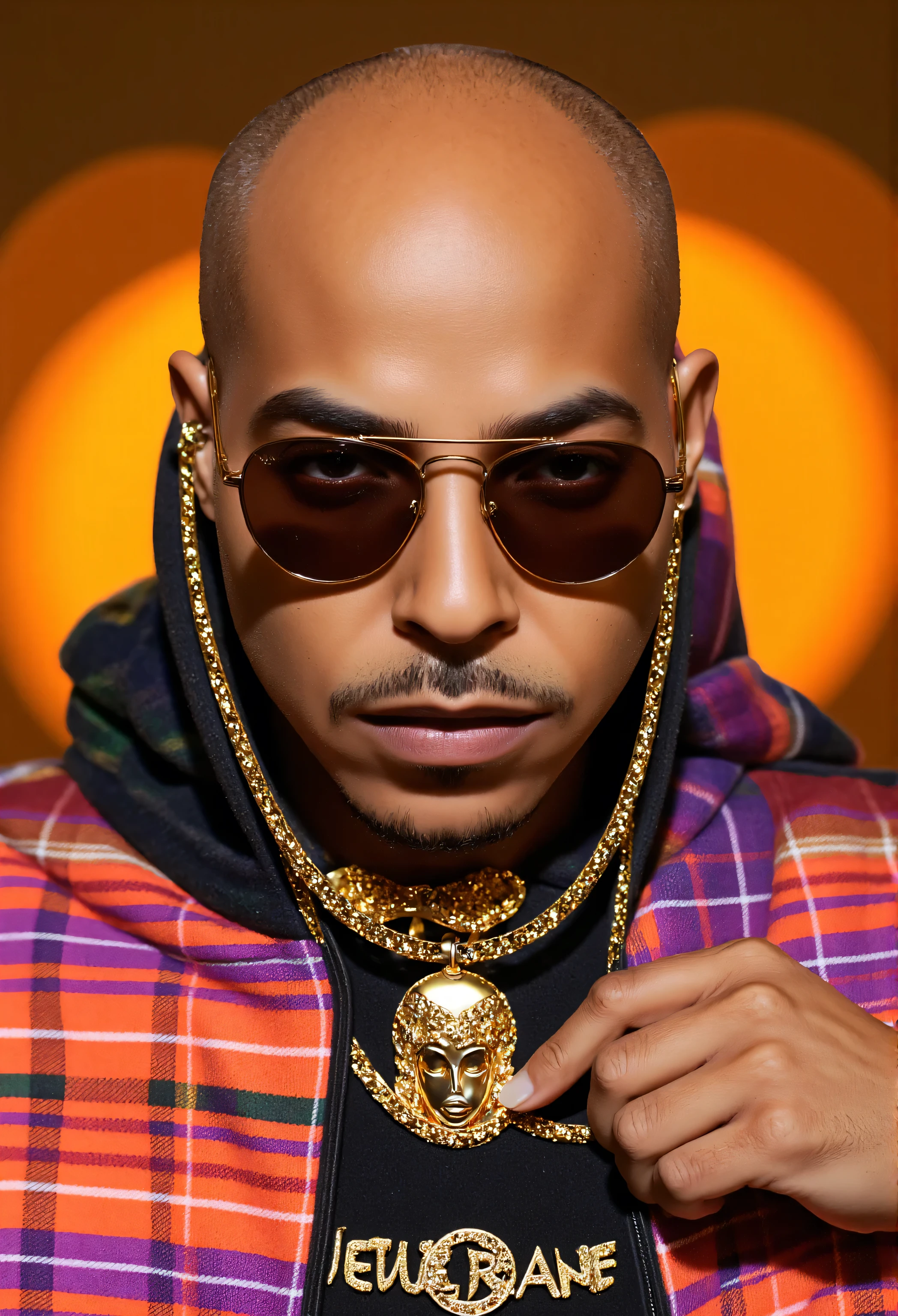 A Photorealistic far shot Image of Nztykle IG_MODEL Male Bald Man wearing A zkvxf Diamind chain Character Medallion, wearing a orange and purple and gold ral-fluff Gucci x LOUIS VATTON Luxury Designer and Versace Sun Glasses Dynamic Pose::7.2 (RAW 8k photo) ((best quality)), ((masterpiece)), (realistic, photo-realistic:1.37), DSLR photo, DLSR, Real photo, , (highly detailed skin:1.2), serious expression, neutral expression, natural lighting, (latex:1.4), shiny, glossy