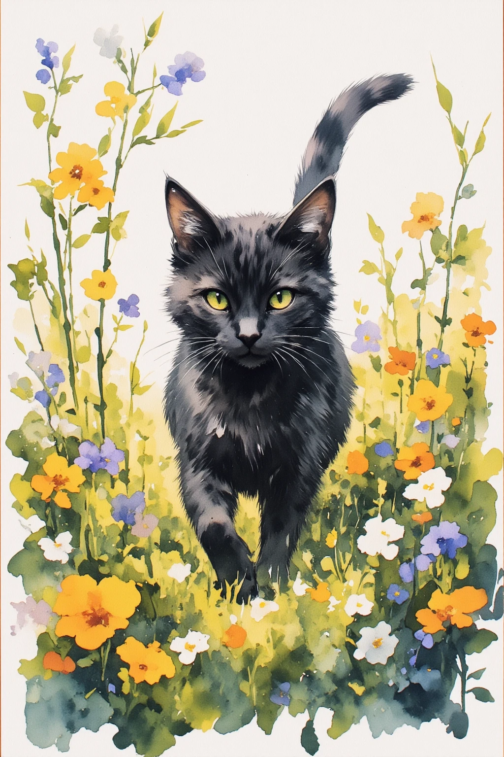 painting of a  tabby walking through a field of flowers, Watercolor painting depicting a tabby walking through a field of flowers,Tumbler,   conceptual art  , Rory Greasley, Most beautiful view , Big Perspective,  just a joke , visually stunning scene,   black cat, Amazing background