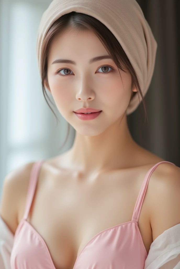 RAW. close up photo.  8K quality ,  high resolution . realistic.
 japanese woman , mature, beautiful.  Wearing a beige hijab on the head.  Wearing a pink bra  (( big boobs)) smooth and white skin .  sweet smile . bright lighting. soft. close up photo.  Sideways camera direction .