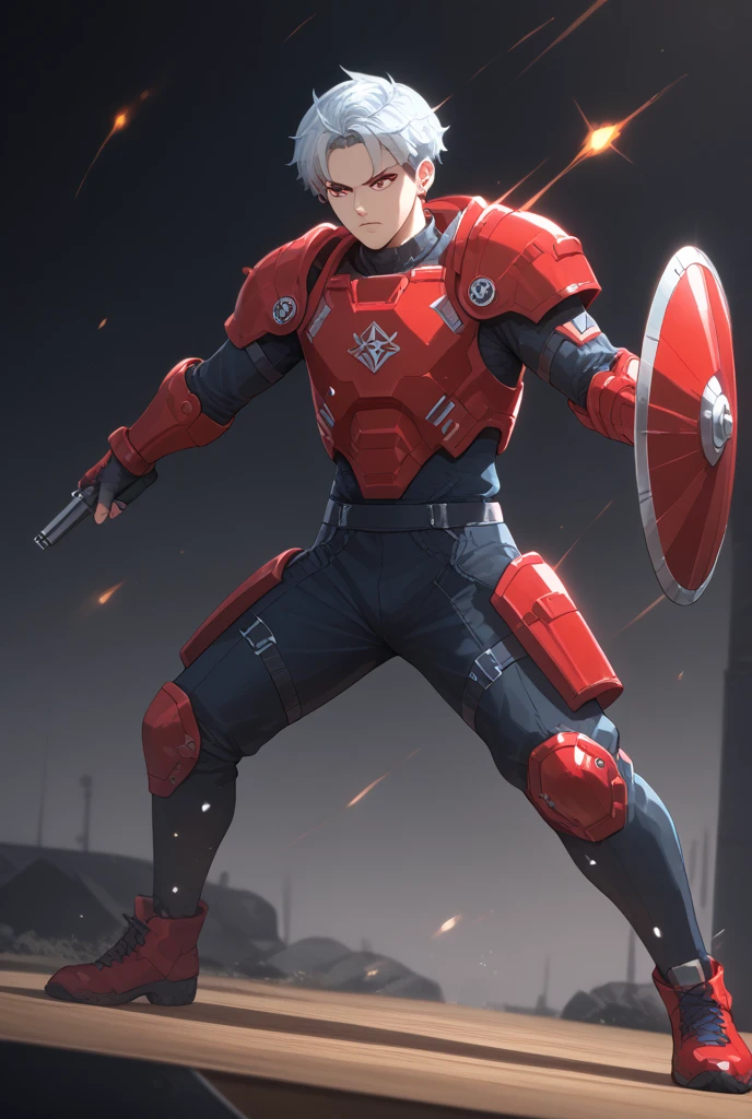 Teenage male anime character, light skin, dynamic pose,  wearing futuristic armor, white and red,  with accented blue details.  He has short white hair,  red accents on his armor,  black pants and boots.  He's holding a gun and large shield,  pink-red glowing center. The shield is  modern,   white, and complex.  Action-oriented pose,  a  serious,  determined expression.  Background consists of  a  transparent/pixelated effect,  radial pink/gray streaks, and other effects.  Anime style,  bright colors,  tech-inspired fashion. Realistic lighting and shading,  showing the character's form in action.  Full body shot,  dynamic perspective.  Digital, 2D graphic ,  character design elements. High contrast between light and dark colors.