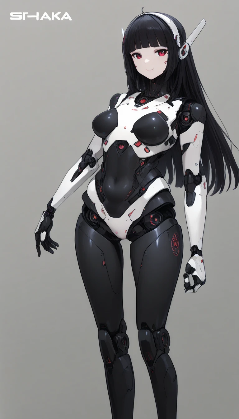 masterpiece, best quality, extremely detailed, (8K, 4K, Best Quality, hight resolution, 超A high resolution:1.1), ,8k portrait, Japaese android Girl,Plump , dark black leg cover,announcer,control panels,android,Droid,Mechanical Hand, Robot arms and legs, Black Robot Parts,Black long hair,Mechanical body,Blunt bangs,perfect mechanical abdomen,White robotics parts,perfect robot woman,future laboratory,cyber pank,charging spot,laboratory,long tube,thick cable connected her neck,white ceramic body ,perfect mechanical body, white robot body,lod antenna,mechanical ear cover,android,robot humanoid,black sponge joints,The removable cover is in the groin,The connection port is in the groin,opened chest panel,access panel on the chest,opened breast panel,perfect mechanical breast,perfect black machine body,perfect black android body,She has repaired,assembly plant,dark black tights,dark black leggings,smile,pussy,no human skin,visor