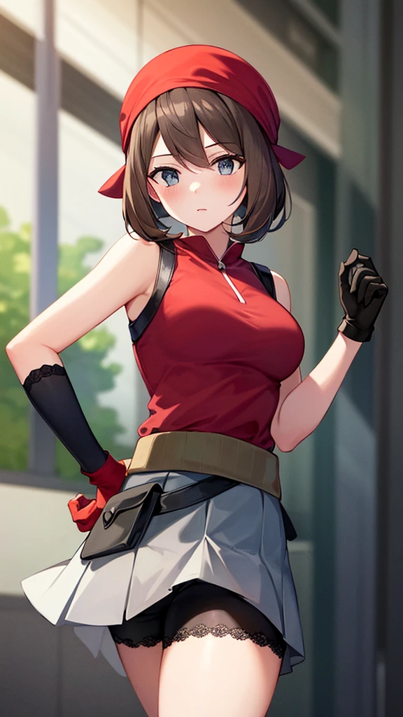 NSFW,Might be, shirt, Bike Shorts, bandana, 赤のshirt, hair band, Medium Hair, gloves, 弓のhair band, No sleeve, 赤いbandana,Embarrassed,blush,In heat,A wistful look,I feel pleasure,(Perfect hands),(Perfect Anatomy),(masterpiece),(highest quality)
