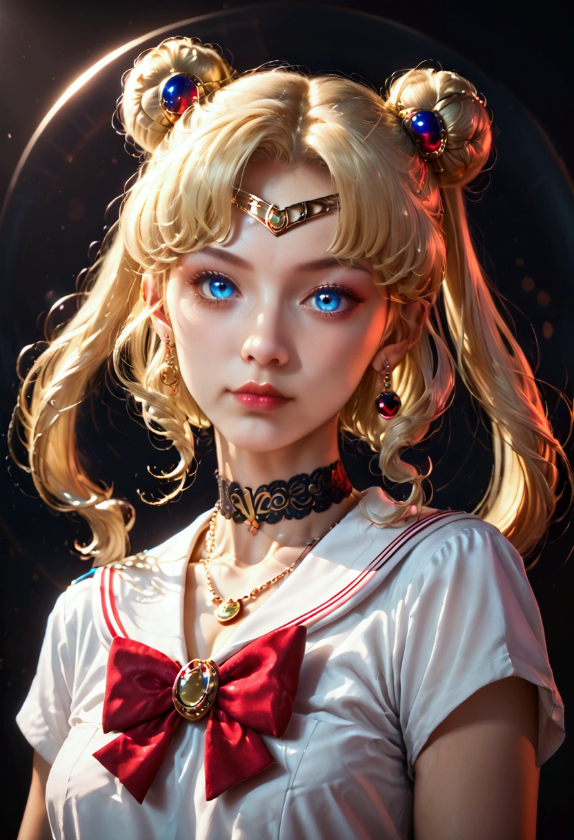 Female image character (ethnicity:1.0), (age:1.1), (detailed clothing:1.2), (accessories:1.2), (facial features:1.3), (expression:1.2), (body type:1.1), (pose:1.2),  in Sailor Moon uniform,  pale skin,  long blonde hair styled in twin buns, (detailed hair:1.2),  light blue eyes, rosy lips,  wearing a choker necklace with crescent moon pendants (detailed accessories:1.3), earrings, and a large red bow tie on her uniform (detailed clothing:1.2) (detailed bowtie:1.2), clear uniform top, facing directly at viewer,  mid-chest up shot,  digital art style, vibrant colors,  photorealistic style,  (detailed skin texture:1.2), (detailed eye reflection:1.1),  precise lines, sharp focus, beautiful lighting, (composition:1.2), (perspective:1.1),  dark background, anime style,  realistic image portrait.
