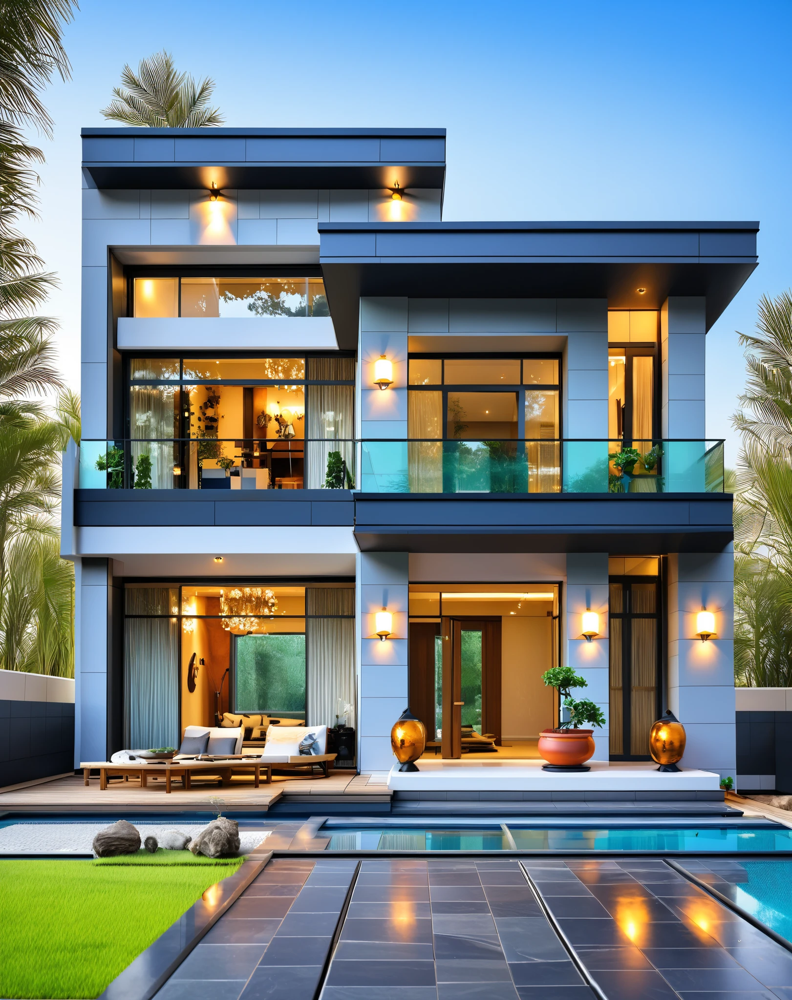 a close up of a house with a pool and a patio, modern style, exterior design, contemporary house, modern house, neotraditional modern, great architecture, ultra modern, modern architecture design, overall architectural design, modern look, rich house, beatiful house, arhitectural shot, in style of ultra realistic, modern design, building facing, complete house