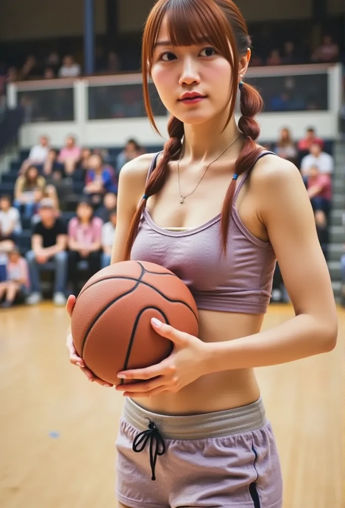 araffe girl with pink hair holding a basketball ball in a stadium, korean girl, sporty physique, sporty, ross tran 8 k, basketball, 4 k ], 4k], smooth pink skin, belle delphine, beautiful asian girl, character is in her natural pose, sweaty 4 k, guweiz, pink girl, japanese model, beautiful south korean woman