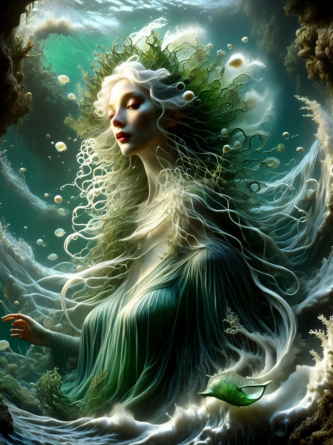 Fantasy Surrealism in the style of Brian Froud. Ultra-detailed 3D, 16K. Create image of a surreal woman in development in an underwater swirling sargasso, with mother of pearl skin, white hair, and green organic root-like feeding filaments all around. A surreal underwater scene with translucent carnelian pods embedded in mud in the background. Apply chiaroscuro, in the style of teddi mansueto, yami-yami, Alphonse Mucha, rackham