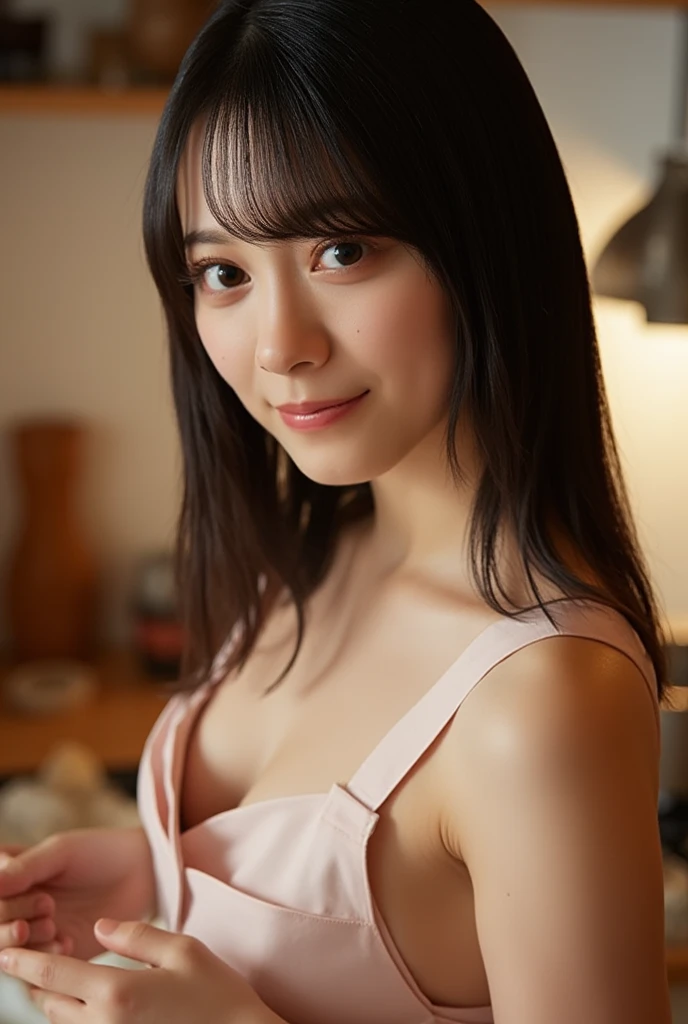 (((top-down configuration:1.4))), (best quality:1.4), (ultra highres:1.2), (photorealistic:1.4), (16k, RAW photo:1.2), (portrait shot:1.3), professional lighting, Japanese goddess, gravure, detailed face and skin texture, detailed eyes, looking at camera, nsfw, beautiful eyes, detailed eyes, beautiful face, detailed face, ((smile:1.5)), (highest quality), glowing skin, (smooth lighting:1.2), (cinema lighting:1.2), a picture of a topless woman preparing food naked in the kitchen, 1girl, Bare butt, naked ass, solo, apron, breasts, black hair, looking at viewer, kitchen, beautiful eyes, holding, indoors, cooking, naked apron, food, small breasts, bare shoulders, stove, sideboob, closed mouth, bangs, cowboy shot, (nsfw), ((masterpiece)), ((best quality)), (ultra-detailed), cute, (ero), ((extremely detailed)), 4K, (8K), best quality, (beautiful), realistic, real