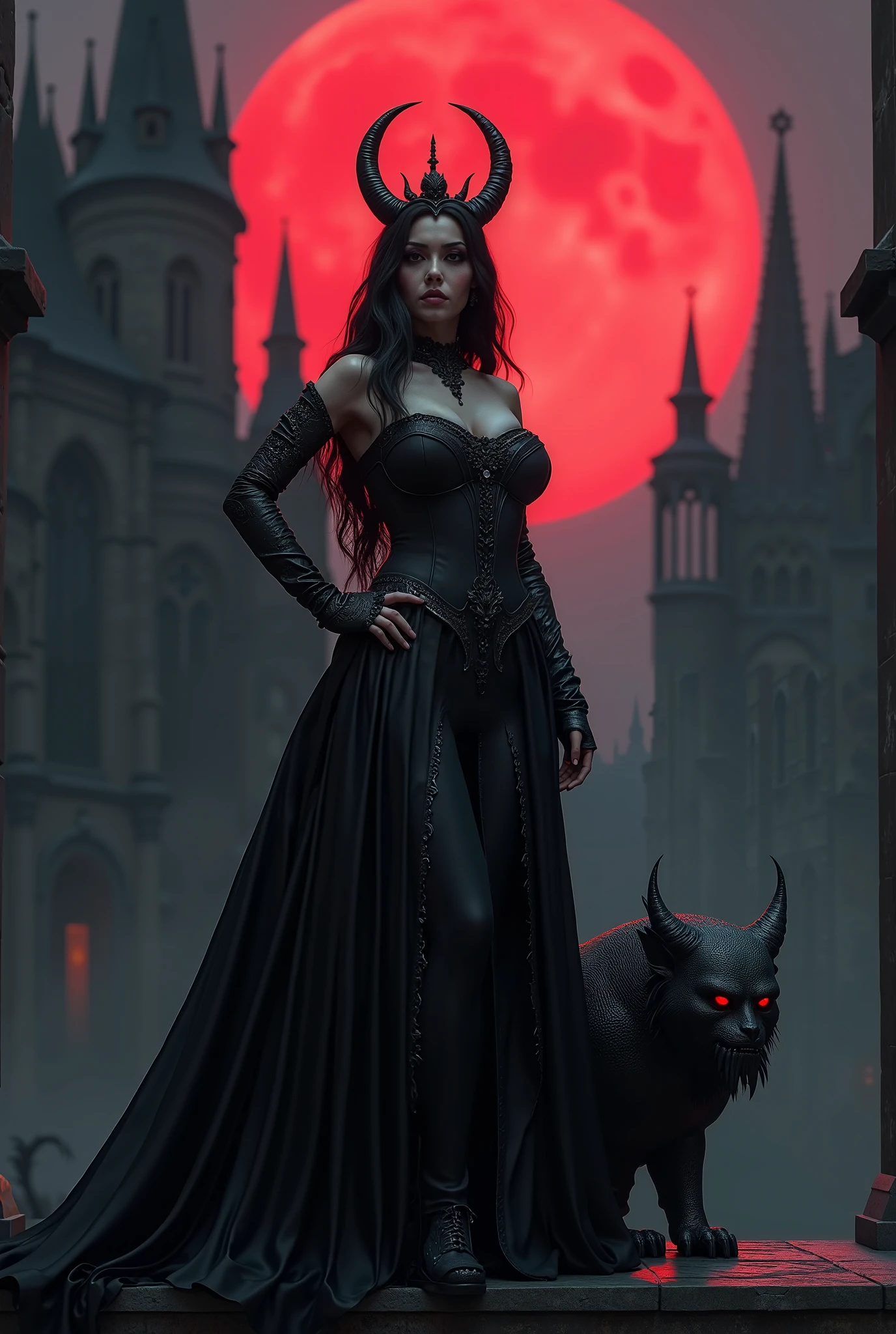 The image features a stunningly detailed 8k RTX photorealistic cinematic shot of a beautiful, voluptuous sexy queen of the Gothics standing proudly in front of a high Gothic cathedral. By her side, a menacing gargoyle looms, adding to the dark and mysterious atmosphere. The red moon casts an eerie glow over the scene, enhancing the gothic architecture and intricate details of the cathedral. The composition is framed in a wide angle view, with smooth lines and realistic 3D dark effects creating a whimsical and captivating portrait of a woman in a fantasy style. The ZBrush final render and additional Blender details bring depth and richness to the image, capturing the essence of gothic beauty and mystery.


