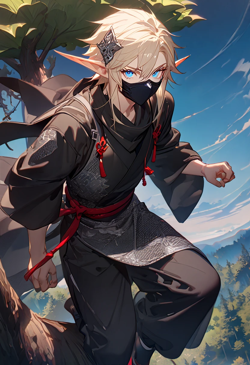 masterpiece, best quality, 8k ,4k ,male, boy, ((1 male), (elf), (long ears elf), (pale blond hair), (bright blue eyes), (hair ornament), (finely detailed eyes and detailed face)), looking at viewer, ((ninja clothes), (silver patterned clothes), (black clothes), (Baggy long pants) (fantasy face mask)) majestic looks, sharp looks, ninja like stealth, ((on the lookout), (on top of the tree), (tree top background)), inspired by Asukaziye artist : ask, art style : ask