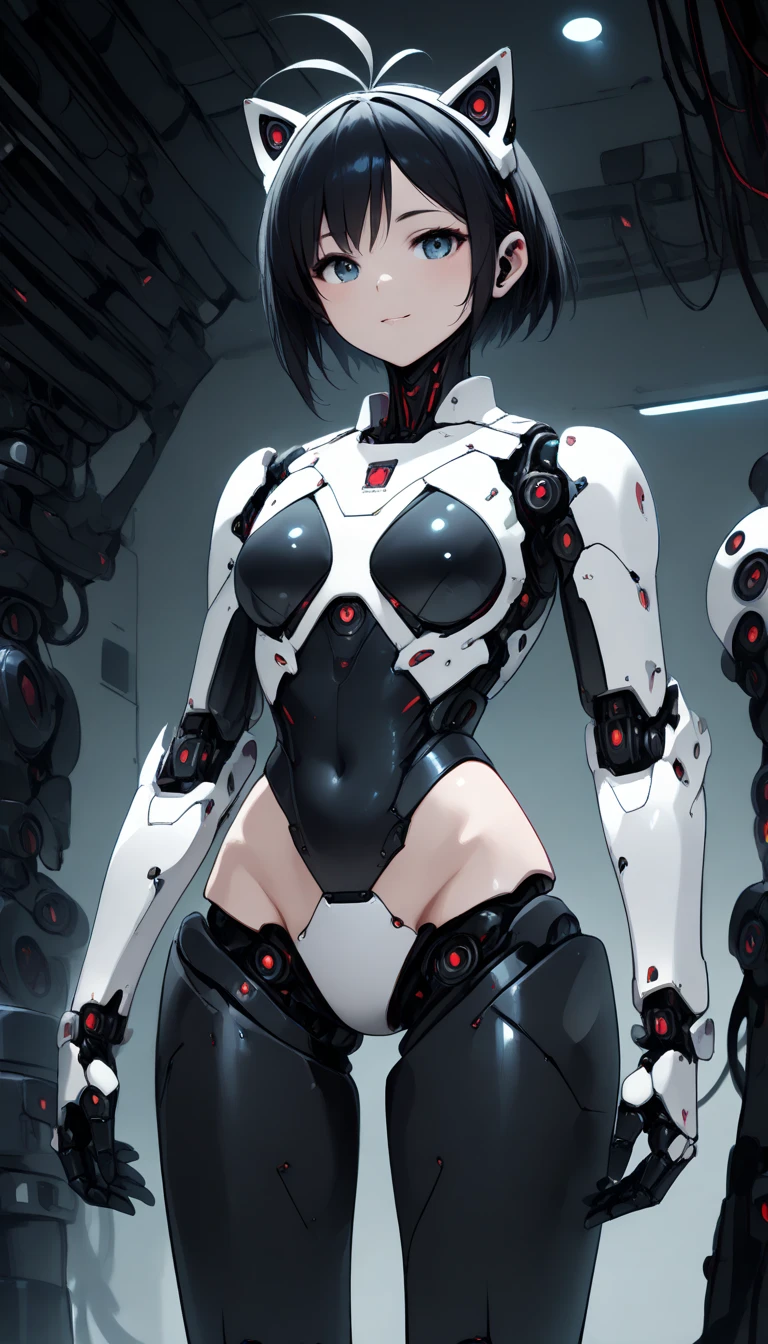 masterpiece,  top quality,  extremely detailed , (8k, 4K,  top quality,  High resolution ,  super high resolution with two hands:1.1), , 8K portrait , Japaese 안 droid  Girl,thud ,  dark black leg cover ,guide,Control Panel,안 droid , droid ,mechanical hand,  robot arms and legs ,  black robot parts , long black hair ,Machine body ,bang, perfect mechanical abdomen , white robotics parts , perfect robot woman ,future laboratory, cyberpunk, charging spot ,laboratory,Long tube , The removable cover is in the groin {x} A thick cable is attached to the neck, white ceramic body  , perfect mechanical body ,  white robot body , load antenna , mechanical ear cover ,안 droid ,Robot Humanoid, black sponge joint , The removable cover is in the groin , connection port is in the groin , open chest panel , chest access panel , open chest panel , perfect mechanical abdomen , perfect black mechanical body ,perfect black 안 droid  body, she repaired ,Assembly factory , dark black tights , dark black leggings ,smile,cat, not human skin ,visor