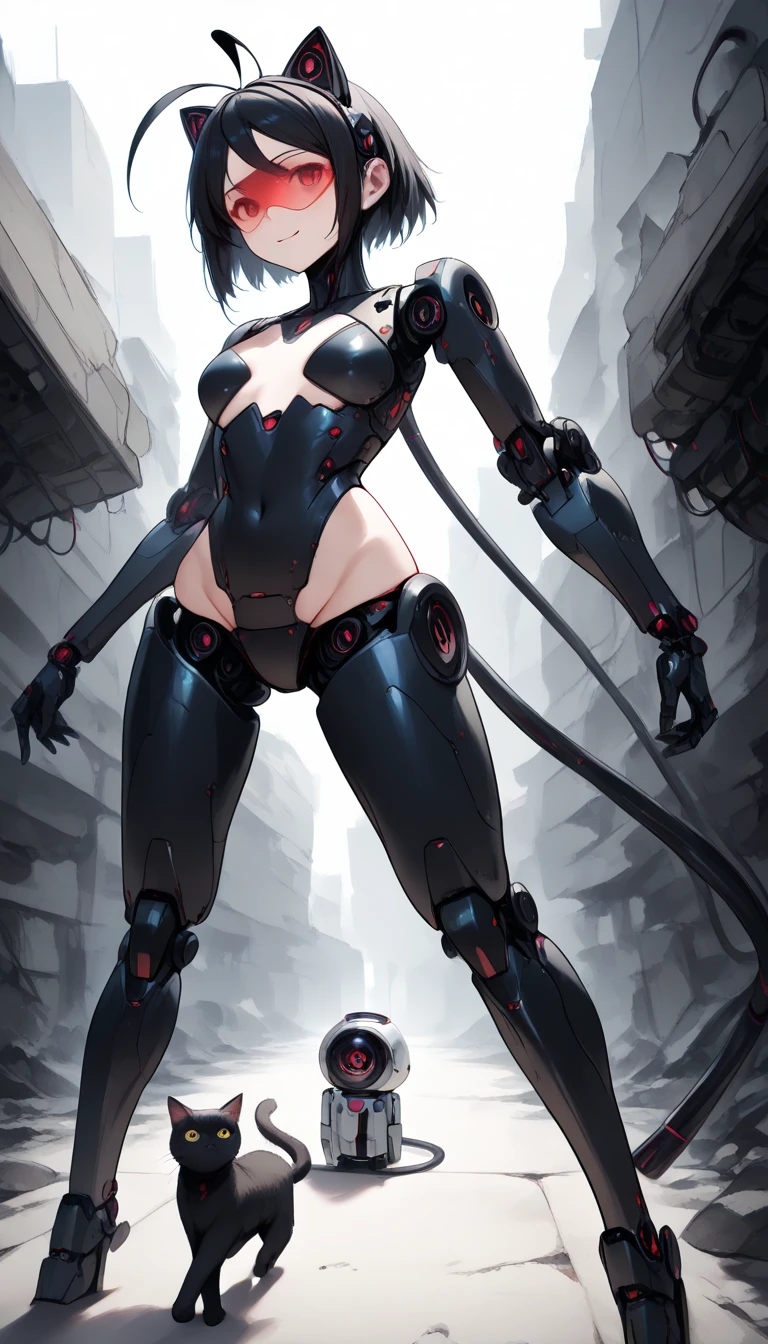 masterpiece,  top quality,  extremely detailed , (8k, 4K,  top quality,  High resolution ,  super high resolution with two hands:1.1), , 8K portrait , Japaese 안 droid  Girl,thud ,  dark black leg cover ,guide,Control Panel,안 droid , droid ,mechanical hand,  robot arms and legs ,  black robot parts , long black hair ,Machine body ,bang, perfect mechanical abdomen , white robotics parts , perfect robot woman ,future laboratory, cyberpunk, charging spot ,laboratory,Long tube , The removable cover is in the groin {x} A thick cable is attached to the neck, white ceramic body  , perfect mechanical body ,  white robot body , load antenna , mechanical ear cover ,안 droid ,Robot Humanoid, black sponge joint , The removable cover is in the groin , connection port is in the groin , open chest panel , chest access panel , open chest panel , perfect mechanical abdomen , perfect black mechanical body ,perfect black 안 droid  body, she repaired ,Assembly factory , dark black tights , dark black leggings ,smile,cat, not human skin ,visor