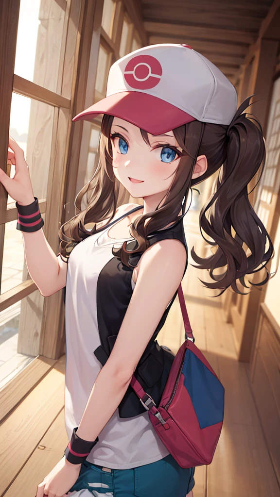 ((  better quality)), (( alta definición)),  Masterpiece,  Looking for something absurd  ,   very detailed face beautiful face, ( detail eyes ,  deep eyes ), (  a girl ),   dynamic pose ,  hilda,   brown hair ,  long hair,   Side lock  , high pigtails blue eyes ,   wide hips, smile,  have , baseball cap,  black vest,   sleeveless shirt,  camisa blanca,  wristband,   shorts  de mezclilla,   shorts  ,  ,  Shoulder bag, (Inside the temple, Tomorrow,  sunrise)