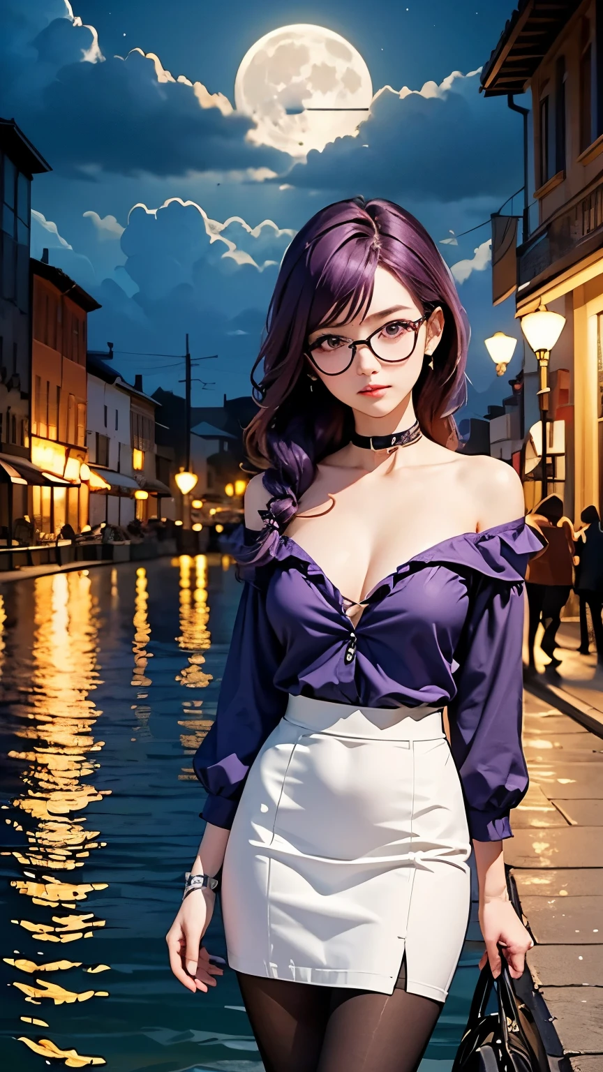 masterpiece, top quality , Kentucky Fried Chicken drawn in a blender, 1 girl, 前hair, Naked_shoulder, skirt, chest, gloves, gem, big_chest, length_hair, length_sleeve , pantyhose, Purple _eye, Purple _hair, shirt, Alone,viewer, moonglasses, bikini, ( moon, cloud,Renaissance Cities By The Water , outdoors on the street at night :1.1),drawn with a blender(( isometric)),
