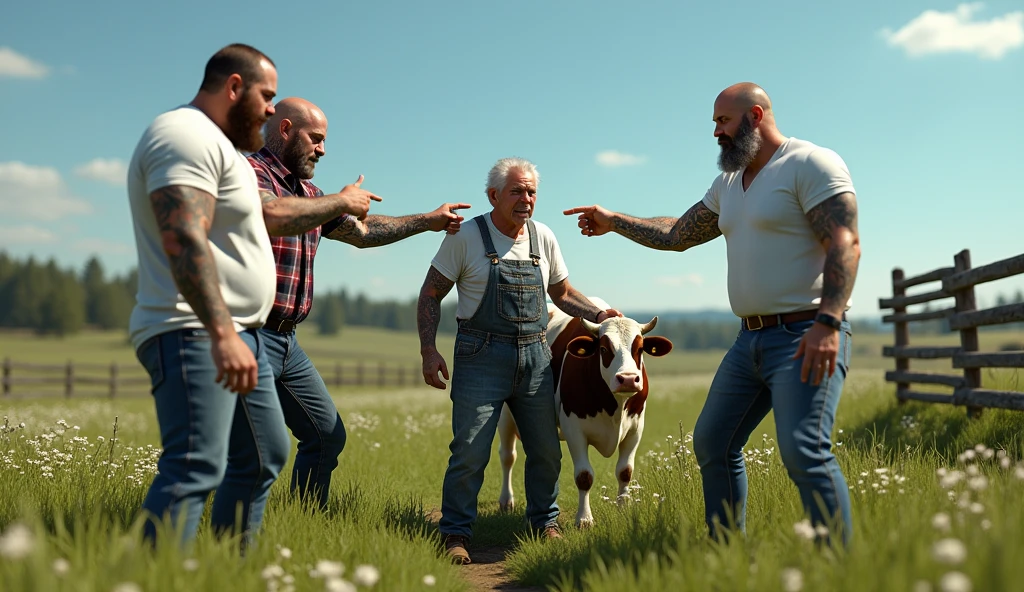 A handsome attractive man with a hat and a black cowboy dress getting out of a car with a young handsome shirtless skinny white gay man introducing his grandparents to his boyfriends on a farm