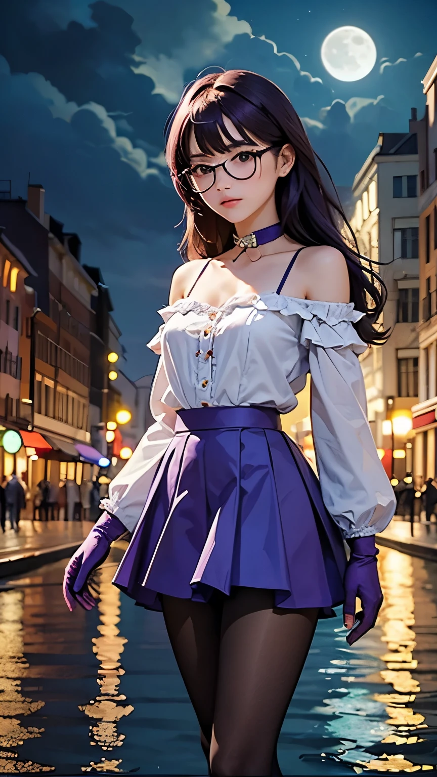 masterpiece,  top quality , Kentucky Fried Chicken drawn in a blender,  1 girl, 前hair, Naked_shoulder,  skirt, chest,  gloves, gem, big_chest, length_hair, length_sleeve ,  pantyhose,  Purple _eye,  Purple _hair,  shirt, Alone,viewer, moonglasses, bikini, ( moon, cloud,Renaissance Cities By The Water , outdoors on the street at night :1.1),drawn with a blender(( isometric)),