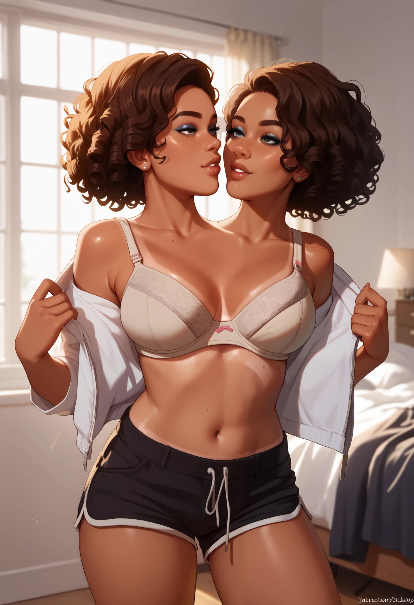 2heads, woman with 2 heads. Standing in a bedroom. curly hair, short hair. tan skin, freckles. Wearing a sexy sleek bra. Taking shorts off, removing shorts. Undressing. Wearing eyeliner. Close up. ((looking at each other))