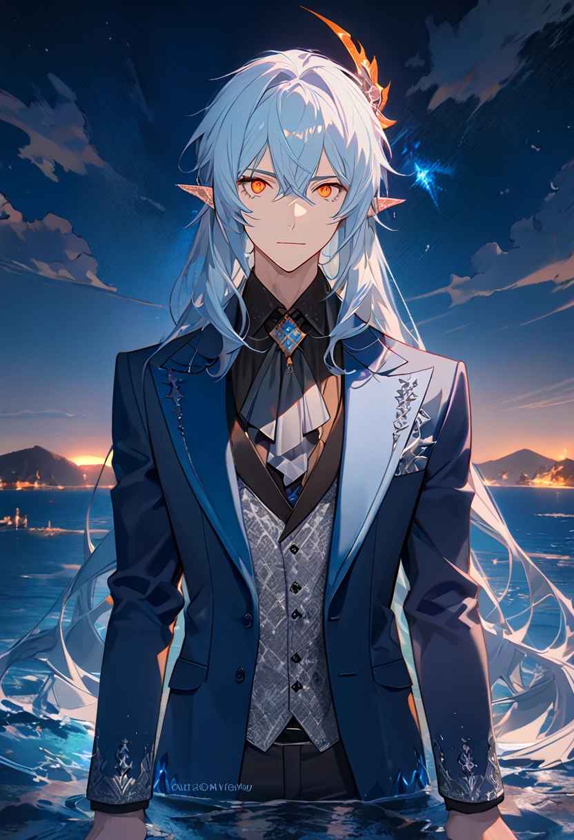 masterpiece, best quality, 8k ,4k , male, ((1 male), (fin ears), (pale blue hair), (long hair), (bright orange eyes), (hair ornament), (finely detailed eyes and detailed face)), looking at viewer, ((night blue coat), (silver patterned clothes), (neat clothes), (formal), (fantasy clothes)) sharp looks, on top of water, sea background inspired by Asukaziye artist : ask, art style : ask