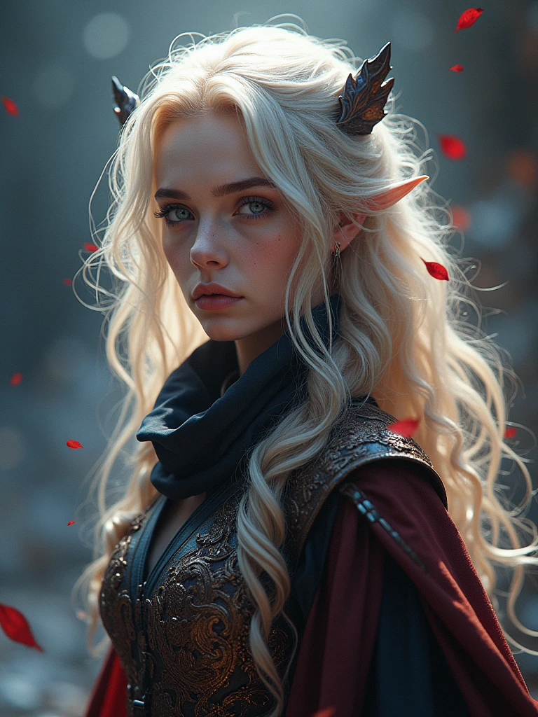 create a photo of Freya Allan with the Targaryen look: long platinum hair, elaborate and luxurious clothing with red and silver details. Maybe a dragon-inspired crown or tiara, to capture the essence of House Targaryen.