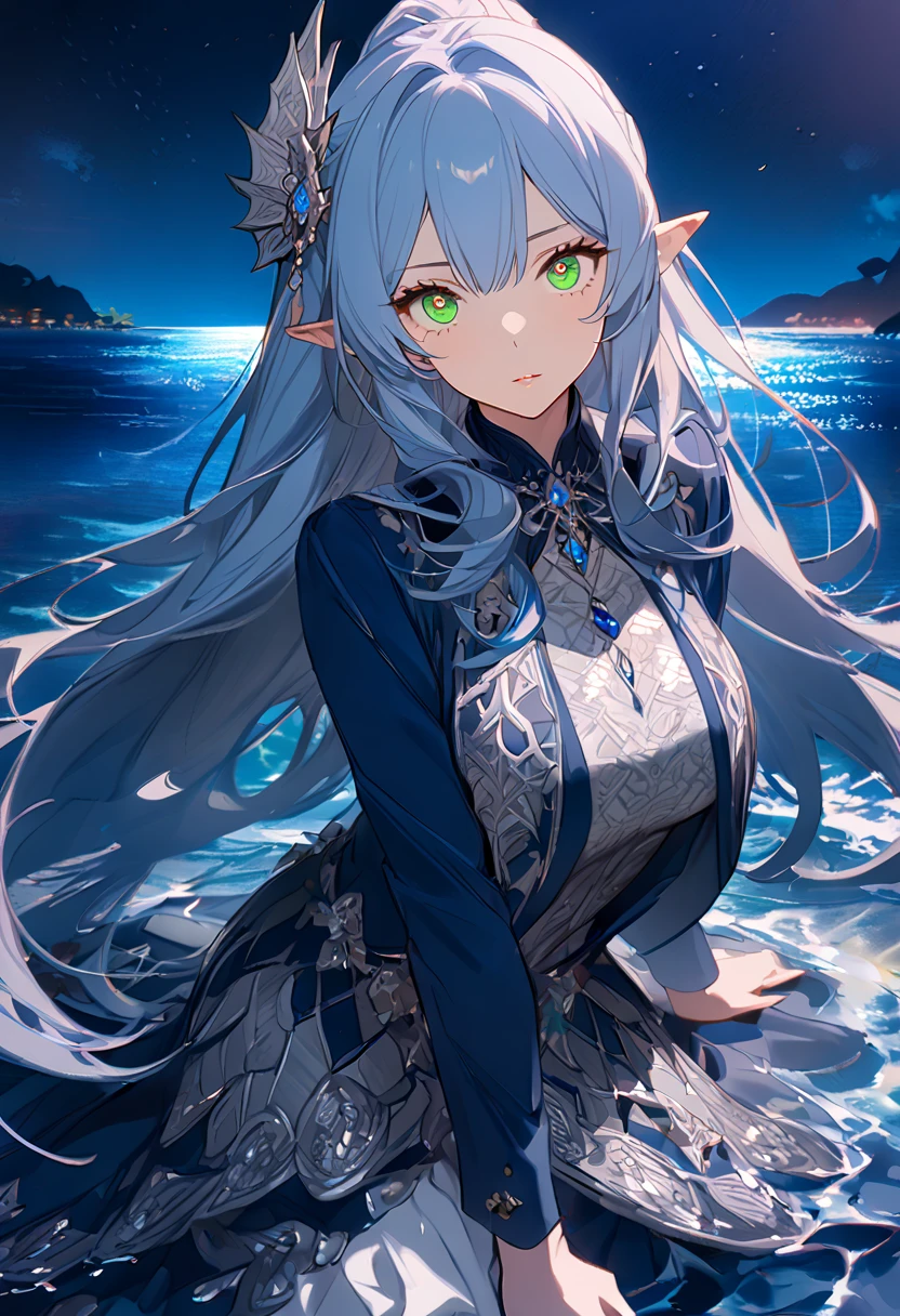 masterpiece, best quality, 8k ,4k , female, adult female, ((1 female), (fin ears), (slight blue hair), (long hair), (bright green eyes), (hair ornament), (finely detailed eyes and detailed face)), looking at viewer, ((night blue gown), (silver patterned clothes), (neat clothes), (formal adult clothes), (fantasy clothes)) sharp looks, on top of water, sea background inspired by Asukaziye artist : ask, art style : ask