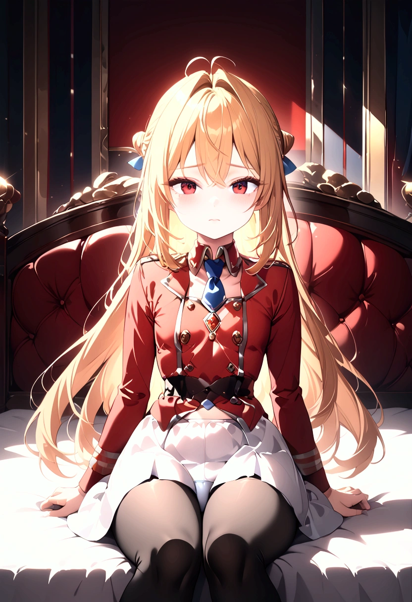  high image quality 、masterpiece、  High Quality   、Full HD、4K 、 long golden hair 、Tie your hair in a bun、 red eyes、 slim、 small breasts、blush、 red and gold uniform 、White Skirt、 blue ribbon on the chest、 Black Tights 、 sit on the bed、 open legs 、white panties under tights