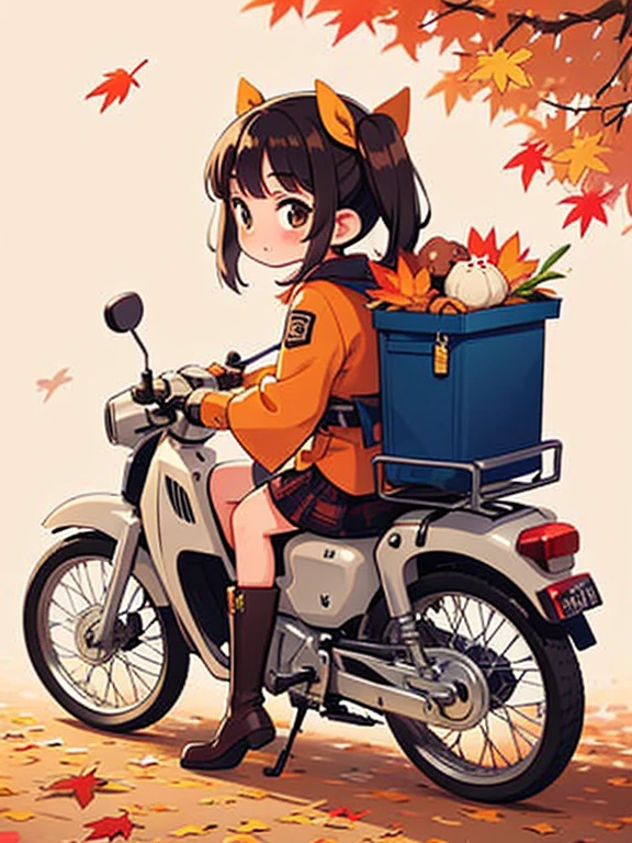 32K，UHD high resolution ，   octane rendering ，    steampunk，( Ultra-fine: 1.2)，   young girl，  Ride a Super Cub   ，  knight ，cute， Very small build    ，   thin thighs   ，     small yellow super cub ，   short dress like a kimono ，   down jacket  ，  half length twin tails with lots of luggage   ，   black hair，goggles，   black boots，Super Cub Details，autumn，autumn leaves，     medium shot from behind     ,